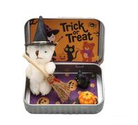 Jeeeun Halloween Teddy Bear in a Box for Trick or Treat, Mini Witch Bear in Box with Wizard Hat Broom Pumpkin & Cat Decor (Beige)