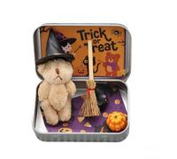 Jeeeun Halloween Teddy Bear in a Box for Trick or Treat, Mini Witch Bear in Box with Wizard Hat Broom Pumpkin & Cat Decor (Khaki)