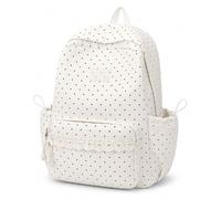 Jeeeun Polka Dot Backpack, Large Capacity Nylon Daypack with Multiple Pockets and Adjustable Padded Straps (White)