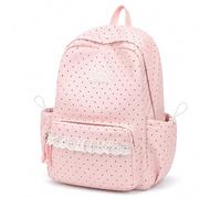 Jeeeun Polka Dot Backpack, Large Capacity Nylon Daypack with Multiple Pockets and Adjustable Padded Straps (Pink)