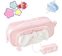 Jeeeun Rosy Posy Pencil Case, Rosy Posy Kawaii Pencil Case for Teenage Kids, Double Layer Large Capacity Multi-Pocket Design Childlike Innocence (Pink)