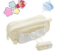 Jeeeun Rosy Posy Pencil Case, Rosy Posy Kawaii Pencil Case for Teenage Kids, Double Layer Large Capacity Multi-Pocket Design Childlike Innocence (Beige)