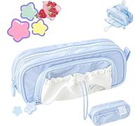 Jeeeun Rosy Posy Pencil Case, Rosy Posy Kawaii Pencil Case for Teenage Kids, Double Layer Large Capacity Multi-Pocket Design Childlike Innocence (Blue)