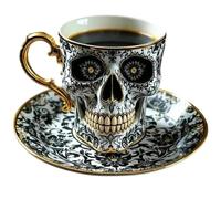 Jeeeun Royal Skull Coffee Mug with Saucer Set - Gothic Gold Trim Skull Tea Cup, Horror Novelty Halloween Decor Mug, Funny Diabolical Bonehead Gift for Coffee Lovers & Collectors