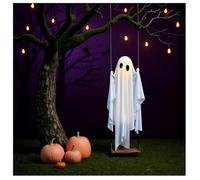 Jeeeun Swinging Ghost Outdoor Decor - Halloween 5ft Large Hanging Ghost with Remote Control String Lights, Spooky Scary Decoration for Porch, Yard, Tree, Garden Lawn Party