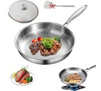 Jeeeun Titanium Hammered Pan Pro with Lid, Titanium Frying Pan with Multifunctional Sturdy Large for Cooking Nutritious Food for Induction Hob, Stovetops (Silver,S)