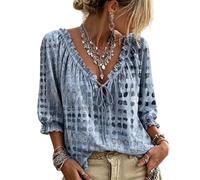 Jeeeun Women V Neck Polka DOT Lace Up 3/4 Sleeve Blouse Loose Flowy Casual Summer Work Vacation Top (Blue,L)