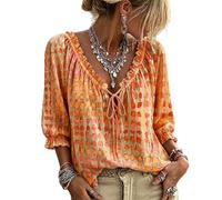 Jeeeun Women V Neck Polka DOT Lace Up 3/4 Sleeve Blouse Loose Flowy Casual Summer Work Vacation Top (Orange,M)