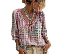 Jeeeun Women V Neck Polka DOT Lace Up 3/4 Sleeve Blouse Loose Flowy Casual Summer Work Vacation Top (Pink,3XL)