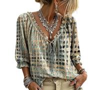 Jeeeun Women V Neck Polka DOT Lace Up 3/4 Sleeve Blouse Loose Flowy Casual Summer Work Vacation Top (Beige,L)