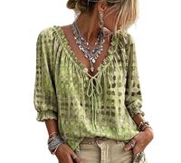 Jeeeun Women V Neck Polka DOT Lace Up 3/4 Sleeve Blouse Loose Flowy Casual Summer Work Vacation Top (Green,L)