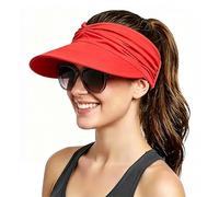 Jeeeun Women's UPF 50+ UV Protection Sun Visor Hat, Wide Brim Lightweight Foldable Ponytail cap (Red)