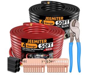 Jeemiter Kit di cablaggio per amplificatore 4 AWG con tagliacavi gratuito, 15,2 m rosso e 15,2 m nero (30,5 m totali), cavo di alimentazione e messa a terra per stereo, aggiornamento Big 3, solare
