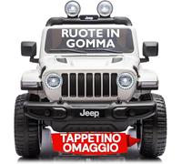 Jeep Wrangler Rubicon 12V Macchina Elettrica per Bambini 2 Posti con Telecomando Ruote in Gomma EVA Sedile in Pelle Porte Apribili Luci LED Suoni Bluetooth USB Auto Cavalcabile Full Optional Bianco