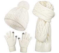 Jeere Set di 3 Sciarpa Lunga Calda Guanti Bianchi e Cappello Lavorato a Maglia Morbido Invernale per Donna Inverno Tempo Freddo
