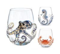 Jeesrt Artisanal Blue Ringed Octopus Glassware, 3D Octopuses Stemless Wine Glasses, Coastal Home Bar Accessories, Unique Ocean Lover Gift (3 Pcs)