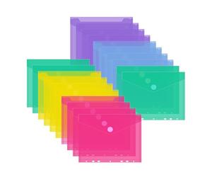 JEFURE 20 Pezzi Busta con Bottone A5, Busta Porta Documenti, Cartelline in plastica forate a 7 fori con chiusura a strappo, Buste Cartelline A5 Trasparenti per Organizzare i Documenti (5 Colori)