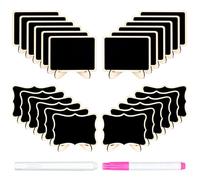 JEFURE 24 mini lavagnette in legno con supporto, cancellabili con 2 pennarelli a gesso per etichette alimentari, decorazioni per feste di nozze, segnaposto, cartellini dei prezzi (2 fantasie)
