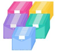 JEFURE Busta con Bottone A4 50PCS, Cartelline Trasparenti in 5 colori, Busta Porta Documenti con 11 Fori e Tasche per Etichette, Buste Cartelline A4 Trasparenti per Organizzare i Documenti