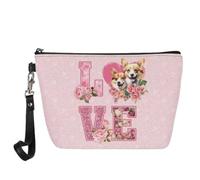 Jeiento Beauty case in pelle per San Valentino, borsa da viaggio per cosmetici, multifunzionale, piccola borsa per cosmetici, idea regalo per donne e ragazze, per San Valentino, Pink Rose Love Corgi