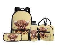Jeiento Borsa per la scuola con lupo per ragazzi e ragazze, con portapranzo isolato, astuccio portamatite, copertura per bottiglia d'acqua, set per libri prescolari, Mucca delle Highland, Taglia unica