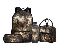 Jeiento Borsa per la scuola con lupo per ragazzi e ragazze, con portapranzo isolato, astuccio portamatite, copertura per bottiglia d'acqua, set per libri prescolari, Lupo Galassia, Taglia unica, Zaini