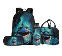 Jeiento Borsa per la scuola con lupo per ragazzi e ragazze, con portapranzo isolato, astuccio portamatite, copertura per bottiglia d'acqua, set per libri prescolari, Squalo, Taglia unica, Zaini