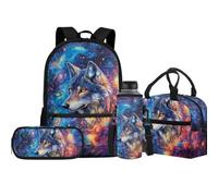 Jeiento Borsa per la scuola con lupo per ragazzi e ragazze, con portapranzo isolato, astuccio portamatite, copertura per bottiglia d'acqua, set per libri prescolari, Lupo, Taglia unica, Zaini Daypack