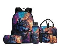 Jeiento Borsa per la scuola con lupo per ragazzi e ragazze, con portapranzo isolato, astuccio portamatite, copertura per bottiglia d'acqua, set per libri prescolari, Testa di lupo del cielo stellato