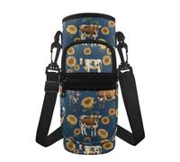 Jeiento Borsa porta bottiglie d'acqua per bottiglie in acciaio inox e plastica a tracolla con tracolla regolabile e tasche con cerniera, Mucca Girasole Giallo