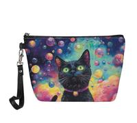 Jeiento Borse cosmetiche per le donne Viaggio Portatile Piccolo Trucco Sacchetto di Toilette Organizzatore PU Pelle, Galaxy Planet Gatto Nero, L