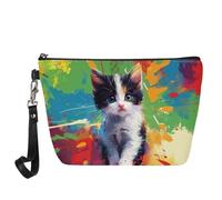 Jeiento Borse cosmetiche per le donne Viaggio Portatile Piccolo Trucco Sacchetto di Toilette Organizzatore PU Pelle, Colorato Splash Cute Cat, L