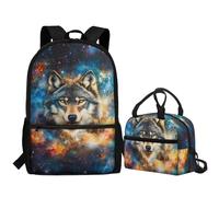 Jeiento Cool Animal Wolf - Borsa per la scuola per bambini e ragazzi, grande capacità, borsa per libri prescolari e borsa termica per il pranzo, Lupi del cielo stellato, Taglia unica, Zaini Daypack