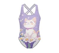 Jeiento Costume da Bagno per Bambina, Costume da Bagno intero con Gatto Carino, Costume da Bagno Comodo e Elasticizzato per la Spiaggia, Ideale per il Surf e gli Sport Acquatici, 5-6 Anni