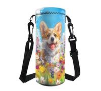 Jeiento Custodia per bottiglia d'acqua a forma di cane Corgi, con tracolla, motivo floreale selvatico, per donne, attività all'aperto, campeggio, escursionismo, ciclismo, pesca, viaggi, sport