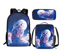 Jeiento Galaxy Wolf - Set 3 in 1 con zaino e borsa per il pranzo con animali e astuccio per matite per ragazzi zaino elementare per scuola media, Gufo galassia, Taglia unica, Zaini Daypack
