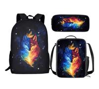 Jeiento Galaxy Wolf - Set 3 in 1 con zaino e borsa per il pranzo con animali e astuccio per matite per ragazzi zaino elementare per scuola media, Lupo, Taglia unica, Zaini Daypack