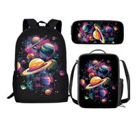 Jeiento Galaxy Wolf - Set 3 in 1 con zaino e borsa per il pranzo con animali e astuccio per matite per ragazzi zaino elementare per scuola media, Universo Spazio Pianeta, Taglia unica, Zaini Daypack