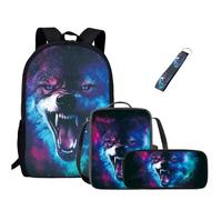 Jeiento Galaxy Wolf - Zaino per la scuola, 4 pezzi, con lupo, per la scuola, per ragazzi, ragazze, studenti della scuola elementare, Galaxy Wolf, L, Zaino casual