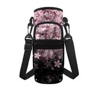Jeiento Portabottiglie da donna con fiori di ciliegio rosa, da viaggio, sportivo, con cinturino e tasche, in acciaio inox, porta bottiglia in plastica