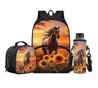 Jeiento Set di 3 zaini per bambini per ragazzi e ragazze in età prescolare con borsa termica per il pranzo e portabottiglie d'acqua, Girasoli Cavallo, Taglia unica, Zaini Daypack