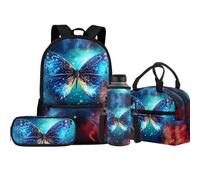 Jeiento Set di 4 borse per la scuola con portapranzo isolato e portapenne, per bambini, ragazzi e ragazze, Farfalla blu., Taglia unica, Zaini Daypack