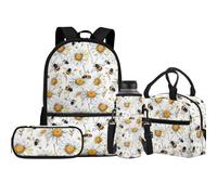 Jeiento Set di 4 borse per la scuola con portapranzo isolato e portapenne, per bambini, ragazzi e ragazze, Ape Fiori Margher, Taglia unica, Zaini Daypack