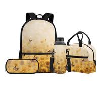 Jeiento Set di 4 borse per la scuola con portapranzo isolato e portapenne, per bambini, ragazzi e ragazze, Girasoli gialli, Taglia unica, Zaini Daypack