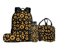 Jeiento Set di 4 borse per la scuola con portapranzo isolato e portapenne, per bambini, ragazzi e ragazze, Girasole, Taglia unica, Zaini Daypack