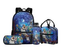 Jeiento Set di 4 borse per la scuola con portapranzo isolato e portapenne, per bambini, ragazzi e ragazze, Gufo, Taglia unica, Zaini Daypack