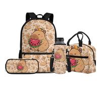 Jeiento Set di 4 zaini da scuola per ragazzi e ragazze, 43 cm, con borsa termica per il pranzo, portapenne, portabottiglie d'acqua, zaino da viaggio per bambini, Carino Capibara, Taglia unica, Zaini