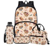 Jeiento Set di 4 zaini da scuola per ragazzi e ragazze, 43 cm, con borsa termica per il pranzo, portapenne, portabottiglie d'acqua, zaino da viaggio per bambini, Divertente Capibara, Taglia unica