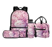 Jeiento Set di 4 zaini da scuola per ragazzi e ragazze, 43 cm, con borsa termica per il pranzo, portapenne, portabottiglie d'acqua, zaino da viaggio per bambini, Gatti carini., Taglia unica, Zaini