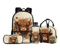 Jeiento Set di 4 zaini da scuola per ragazzi e ragazze, 43 cm, con borsa termica per il pranzo, portapenne, portabottiglie d'acqua, zaino da viaggio per bambini, Mucca delle Highland, Taglia unica